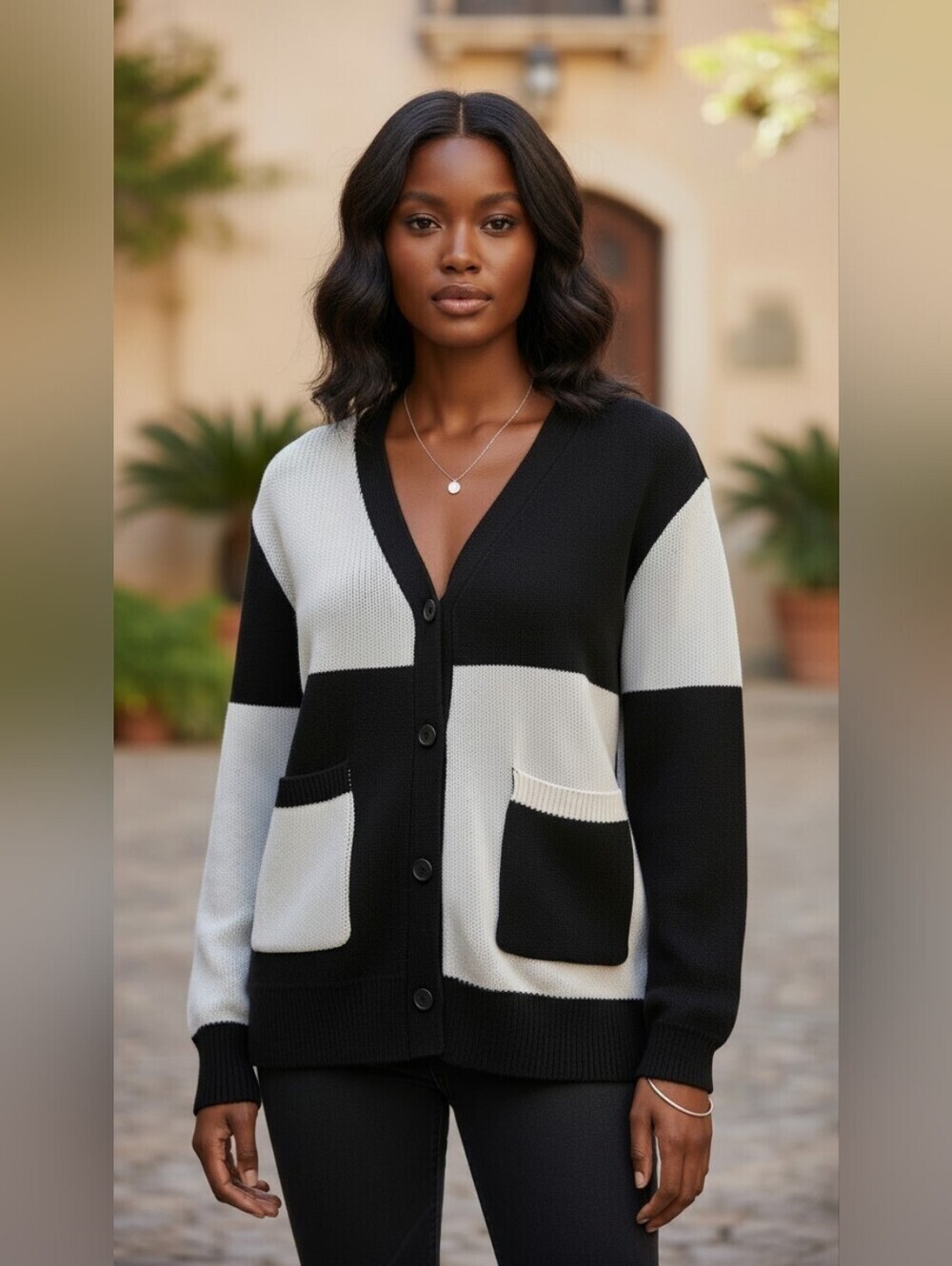 Lisa Says Gah Lauda Cardigan Black White Colorblock Oversized Knit Size M/L